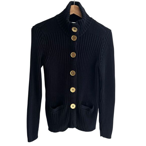 Talbots Women's Ribbed Knit Cardigan Size M Black Cotton Chunky Preppy Classic - Picture 1 of 7